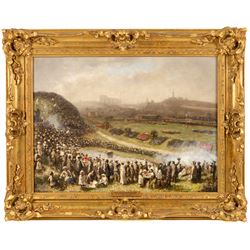 Robert Gemmell Hutchison (British 1855-1936): 'Royal Review Edinburgh - 1905', oil on canvas signed, titled on plaque 36cm x 49cm 
Provenance: private collection, purchased Omell Galleries, London 1990.
Notes: Likely the preparatory oil sketch for the larger version, sold Bonhams Fine Paintings sale, 7th December 2010, Lot 18, for £18,000. 