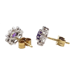 Pair of 9ct gold amethyst and diamond cluster stud earrings