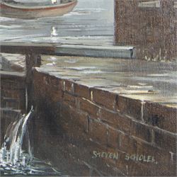 Steven Scholes (Northern British 1952-): 'The Rochdale Canal - Dale St Basin - Manchester 1962', oil on canvas signed, titled verso 29cm x 39cm