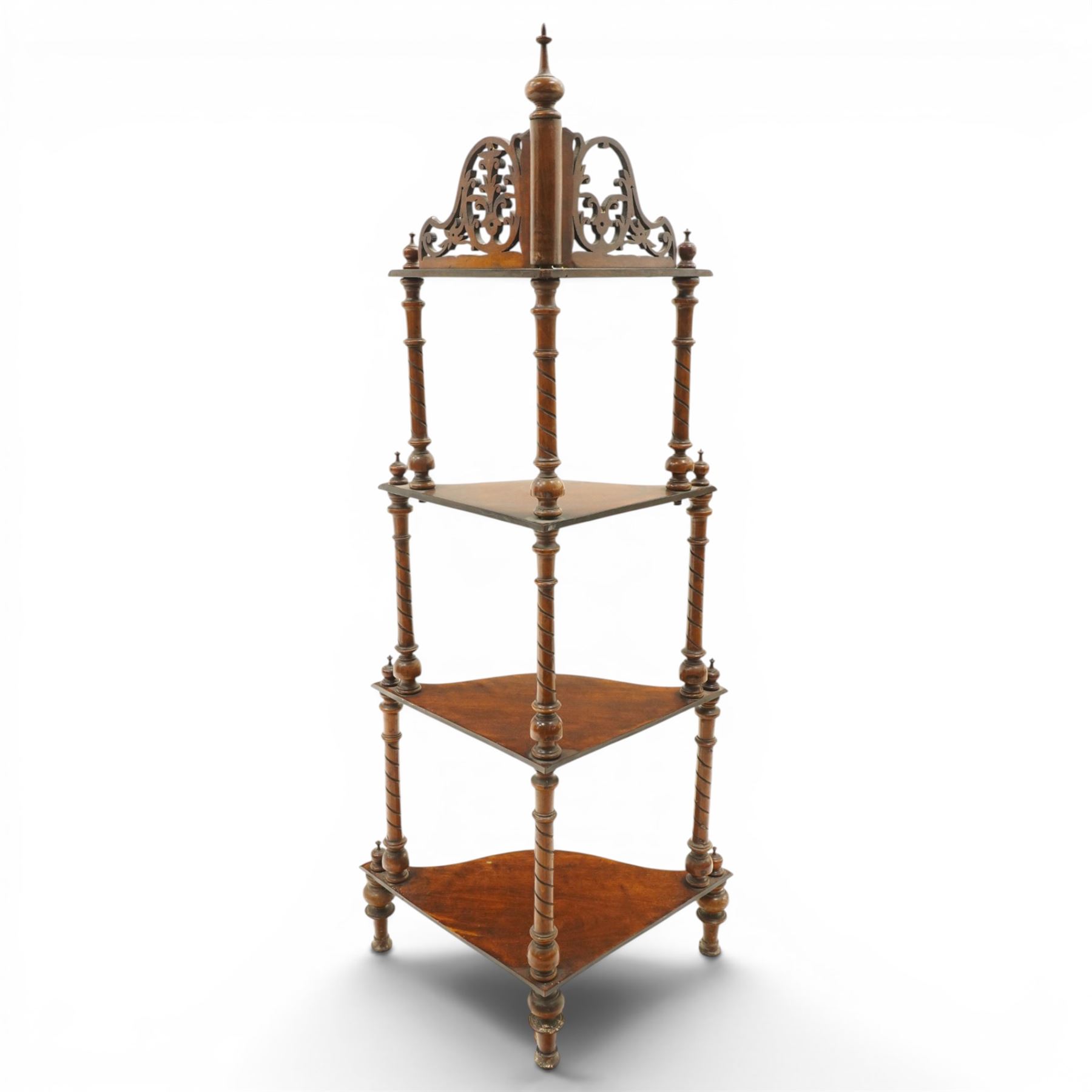 Victorian mahogany corner four-tier whatnot, shaped shelves with pierced and turned uprights, raised on turned supports