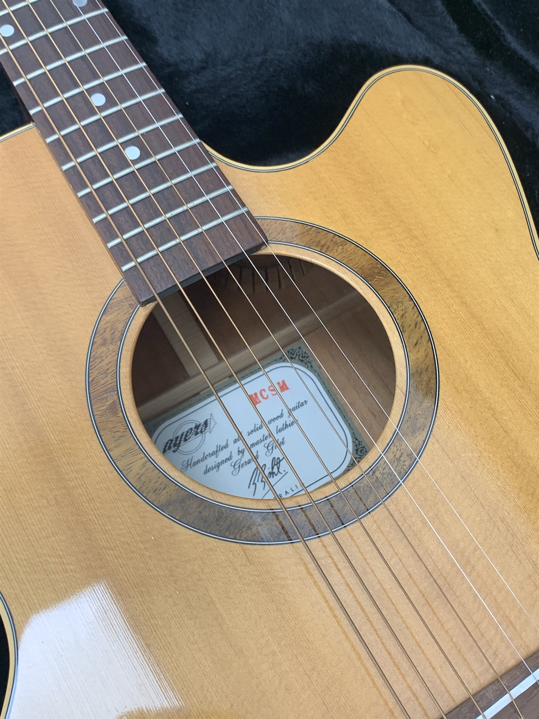 Ayres MCSM acoustic guitar designed by Gerard Gilet, Sitka Spruce, mahogany back and sides, in carrying case