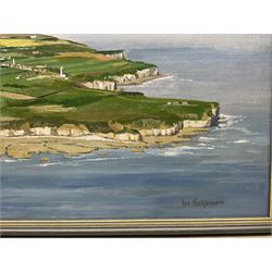 Don Micklethwaite (British 1936-): Aerial View of Flamborough Head, oil on board signed 45cm x 60cm; together with an impressionist oil signed Balmer (2)