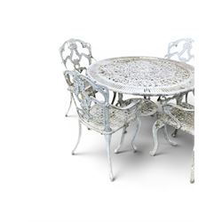 Victorian style cast aluminium white painted garden table and four armchairs chairs with S-scroll acanthus leaf pierced backs over lattice seats