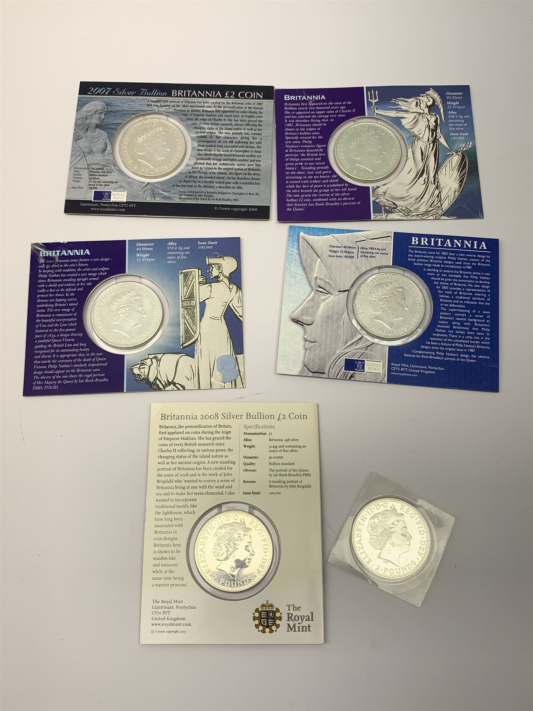 Six silver bullion two pound Britannia coins, each containing one troy ounce of fine silver, 2000, 2001, 2003, 2005, 2007 and 2008, all except 2005 on card holders