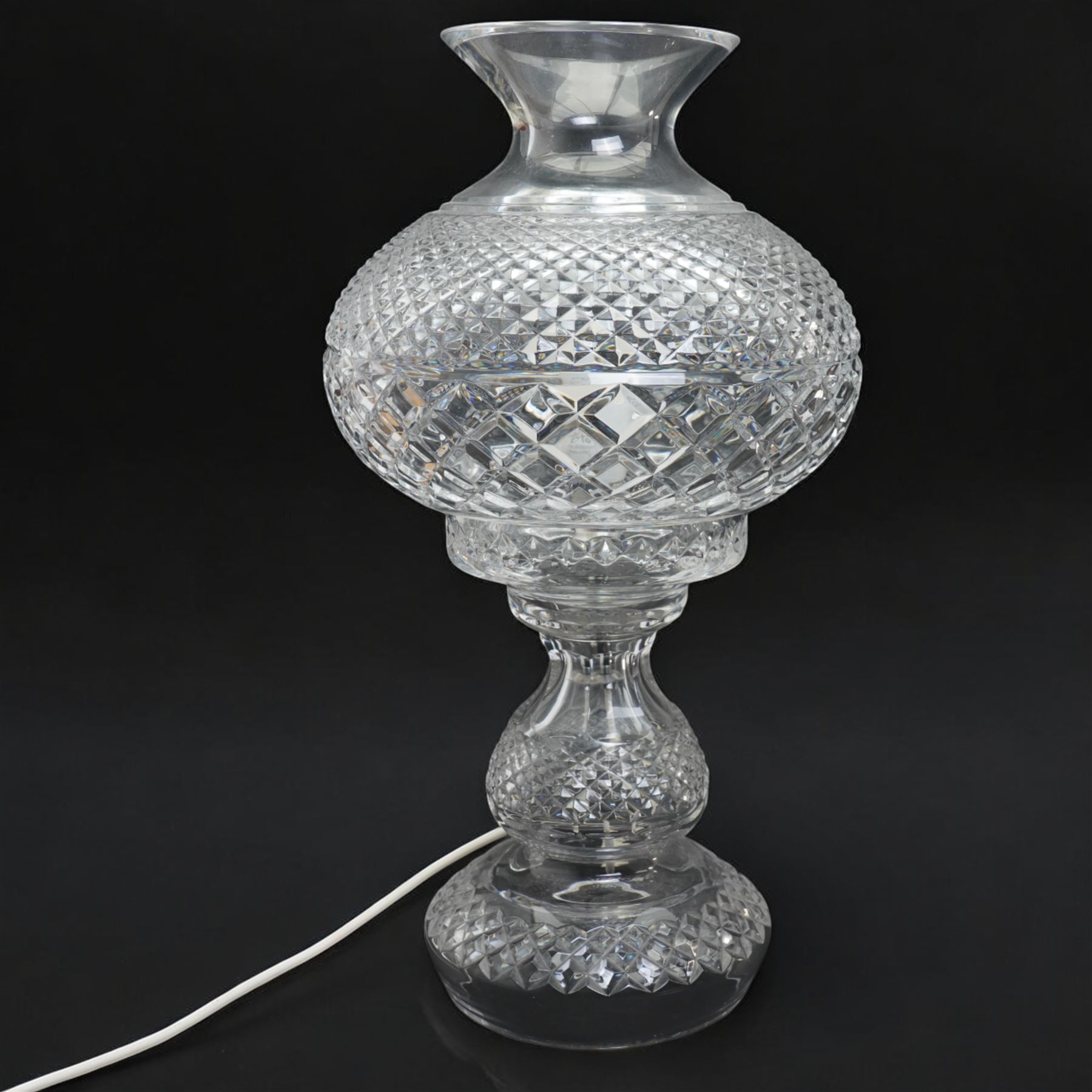 Waterford glass table lamp of baluster form with globe shade and hobnail cut decoration H47cm