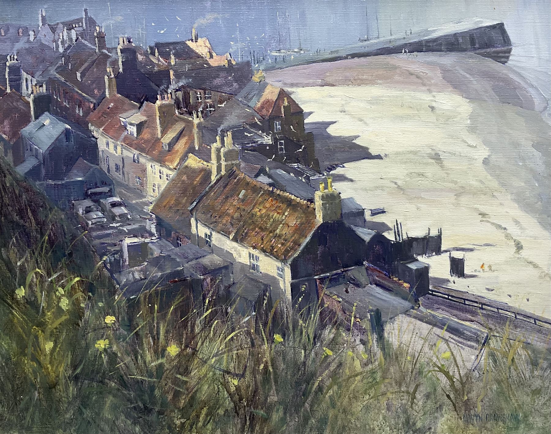 Alwyn Crawshaw (British 1934-): 'Early April Sun - Whitby' - View from the Abbey looking down onto South Bay, oil on canvas signed, inscribed verso 40cm x 50cm