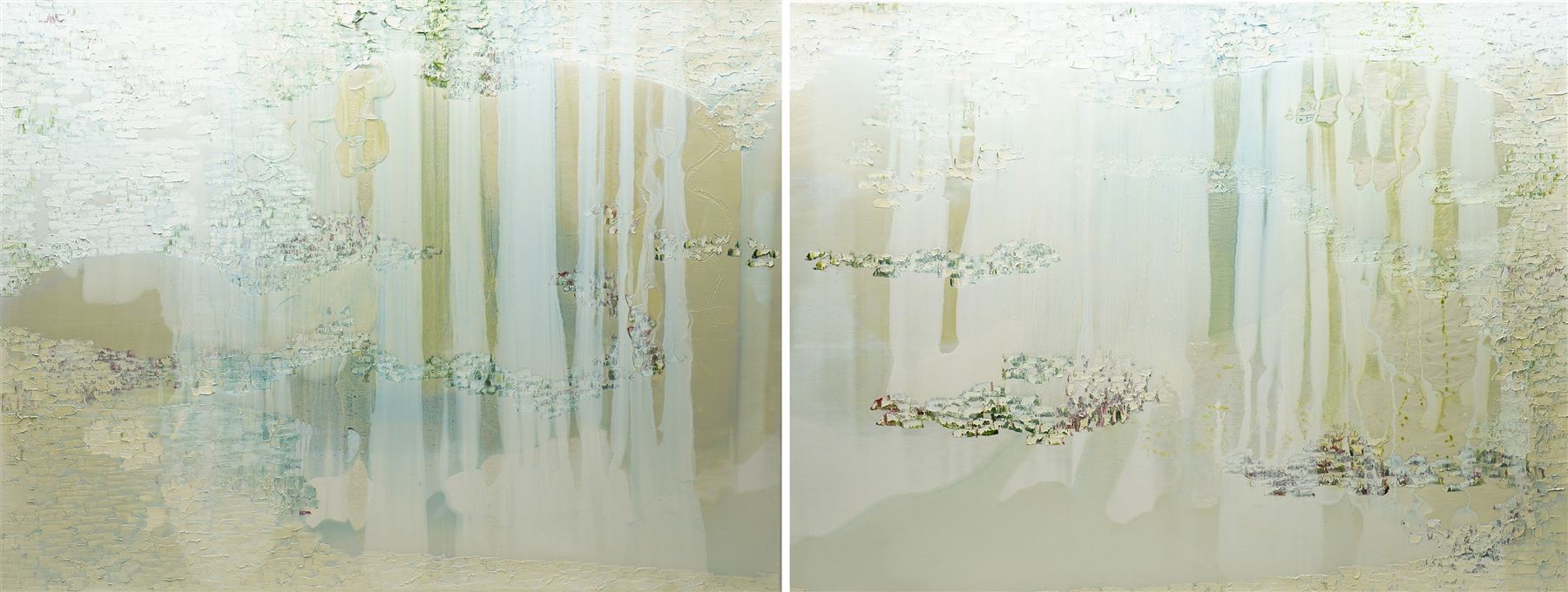 Jessica Zoob (British Contemporary): 'Sweet Rain', pair of mixed media oil and lacquer works on canvas signed and dated 2020 verso, titled on stretcher 80cm x 105cm (2)
Notes: Known for her atmospheric, colour-led paintings, Zoob draws inspiration from landscape and nature. She has an established international market, with works held in private collections including that of Harry Styles.