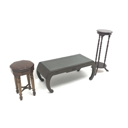  Carved Eastern coffee table, scrolling supports (W100cm, H39cm, D45cm) a stool and a jardiniere (3)  