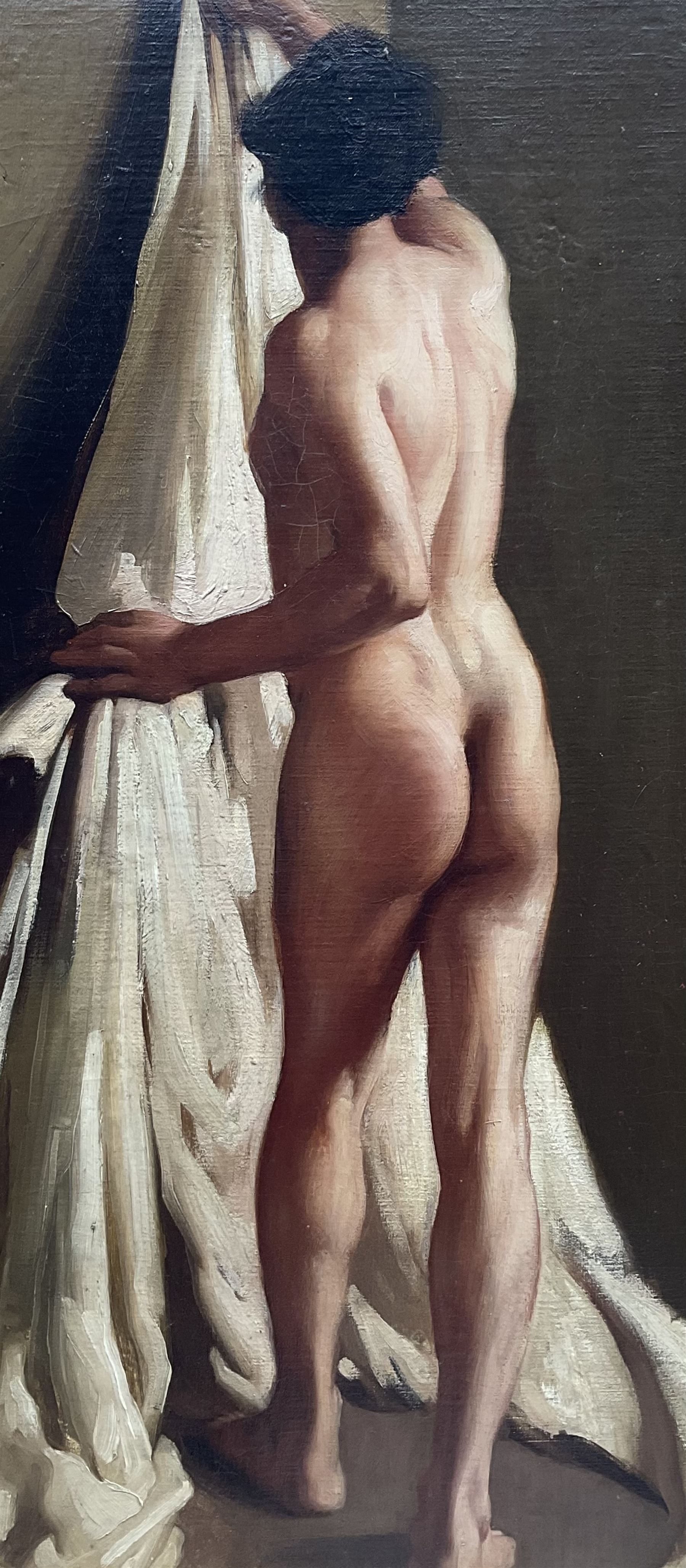 Attrib. David Jagger RP ROI (British 1891-1958): Male Nude Hanging Drapery, oil on canvas laid on board unsigned, partial original title label and with later inscriptions verso 74cm x 33cm 