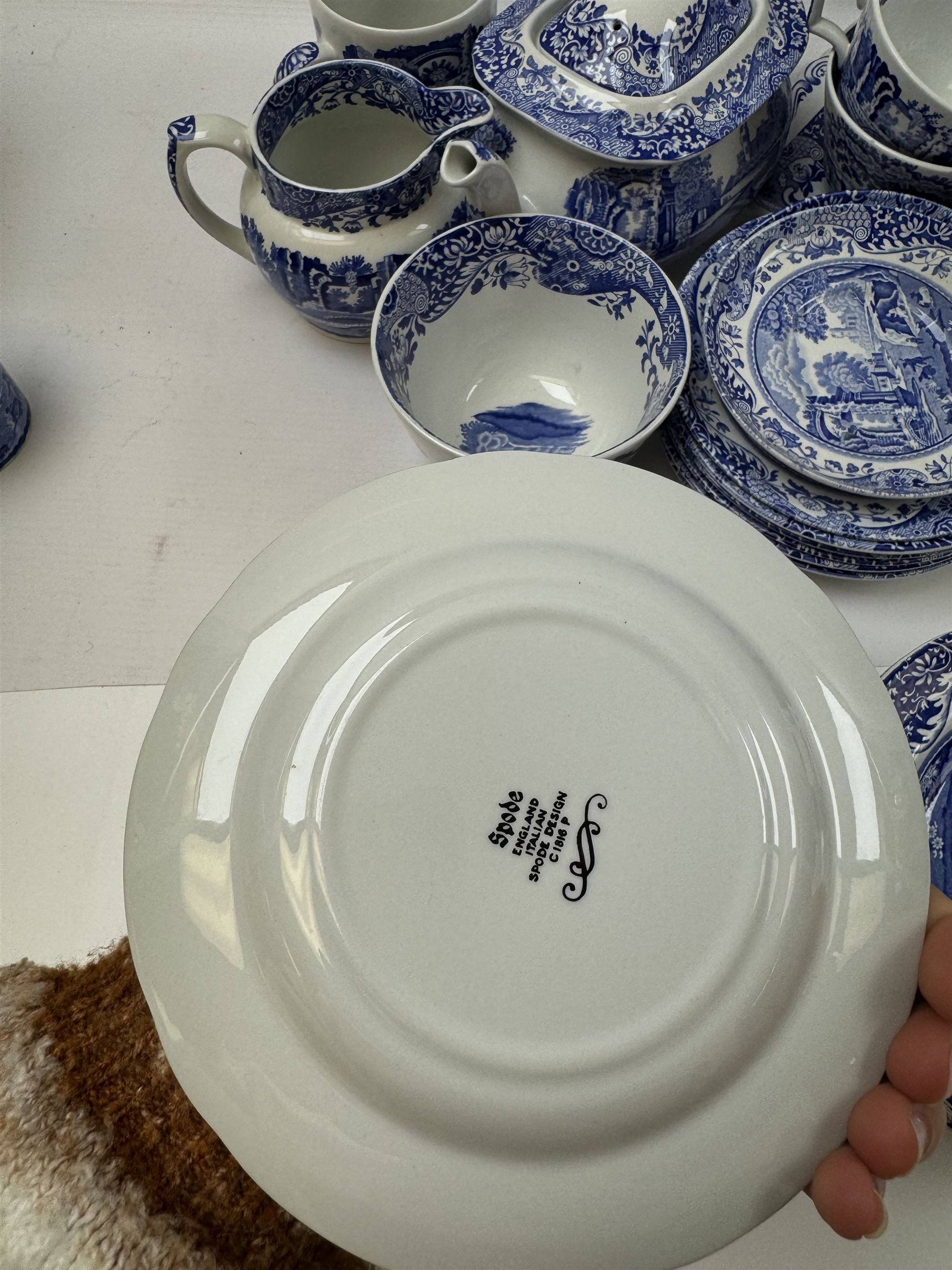 Spode Italian pattern tea service, comprising teapot, milk jug, open sucrier, six cups and saucers, two coffee cans and saucers, six dessert plates, four mugs and a sandwich plate (30) 
