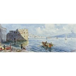 G Esposito (Italian Early 20th century): 'Naples' Bay with Vesuvius in Distance, watercolour signedm titled on mount 12cm x 31cm