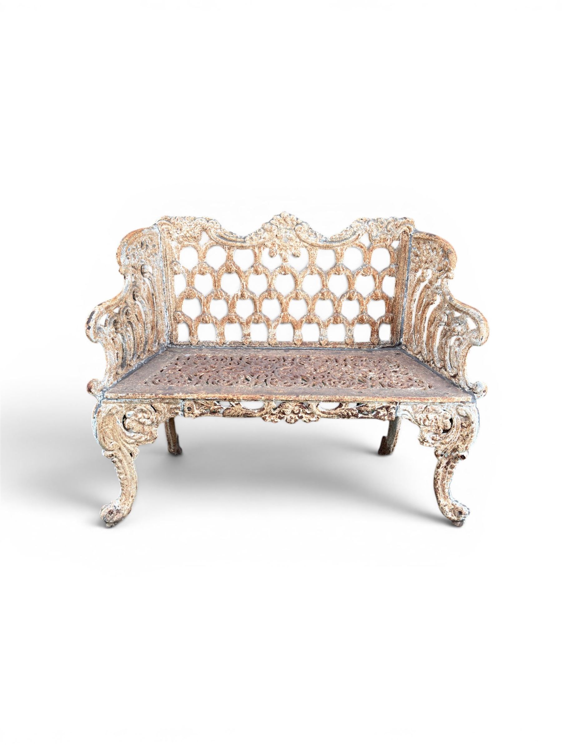 Victorian revival Carron Foundry design heavy cast iron two seat garden bench, scrolled arms with pierced lattice seat, finished in antique white paint