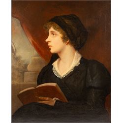 English School (Early 19th century): Portrait of a Girl in a Black Veil Reading a Book, oi...