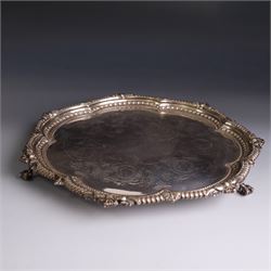 Late Victorian silver salver, of lobed circular form, with foliate beaded rim and engraved...