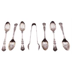 Set of six silver Queens pattern teaspoons and pair of sugar tongs, hallmarked Walker & Hall, Sheffield, tongs 1903, spoons 1904, approximate total weight 7.63 ozt (237.5 grams)