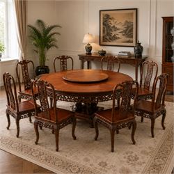 20th century Chinese ornately carved hardwood dining table and chairs, circular table with...