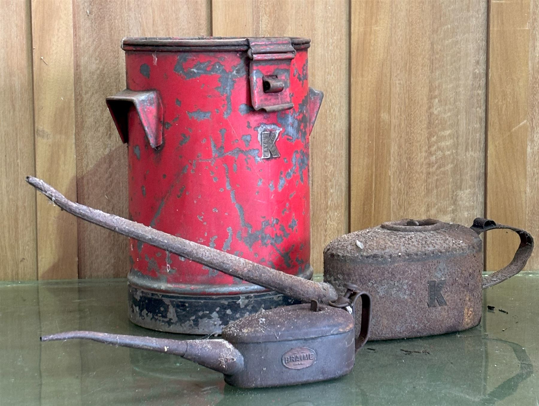 Large Kayes patent oil can (L59cm), together with a Braime oil can, and a large Kayes patent oil filter cleaner (3)  - COLLECTION BY APPOINTMENT FROM: The White House, Thirsk Road, Easingwold, York, YO61 3NF - CALL 01723 507111 TO ARRANGE