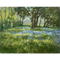 William Burns (British 1923-2010): 'Edge of the Bluebell Wood', oil on board signed, titled verso 18cm x 23cm (unframed) Provenance: Direct from the family of the artist. Notes: Born in Sheffield in 1923, William Burns RIBA FSAI FRSA studied at the Sheffield College of Art before the outbreak of the Second World War, during which he helped illustrate the official War Diaries for the North Africa Campaign, and was elected a member of the Armed Forces Art Society. On his return, he studied architecture at Sheffield University and later ran his own successful practice, being a member of the Royal Institute of British Architects. However, painting had always been his self-confessed 'first love', and in the 1970s he gave up architecture to become a full-time artist, having his first one-man exhibition in 1979.