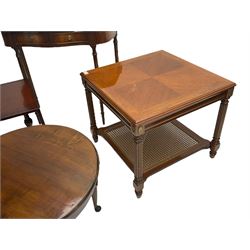 Square coffee table with cane work undertier (60cm x 60cm, H53cm), mahogany console table, oak firescreen with lion mask, drop leaf mahogany coffee table, a circular stained beech occasional table and a 19th century drop leaf mahogany table (6) 