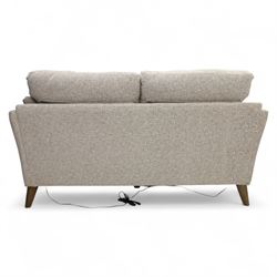 Ashwood - ‘Calypso’ 2-seater motion lounger, upholstered in light stone grey textured fabric with flared arms and split back cushions, fitted with dual electric recline controls, raised on stained tapering legs