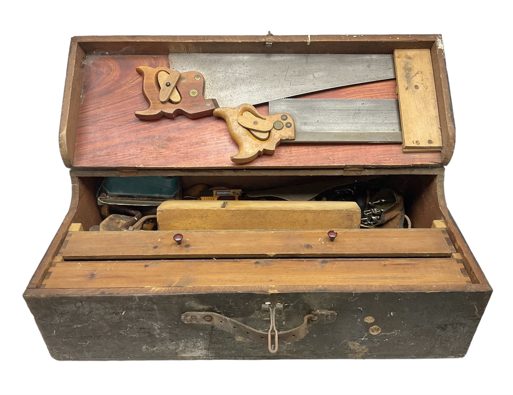 Large wooden tool box and carpenters tools, to include tenon and panel saws, box plane, mallet, chisels etc