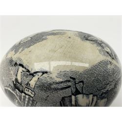 Victorian pottery egg transfer, printed with scenes 'Androcles and the lion' and a courting couple, L7cm 