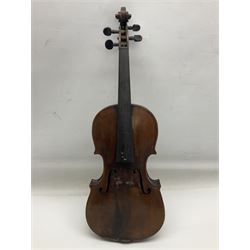 Chinese Parrot violin with 35.5cm two-piece back; L59.5cm in carrying case; and early 20th century German violin for restoration; bears label 'Antonius Stradivarius Faciebat Anno 1730'; cased with bow (2)