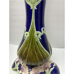  Art Nouveau style jardinere and stand decorated with flowers and foliage on a blue ground, H94cm 