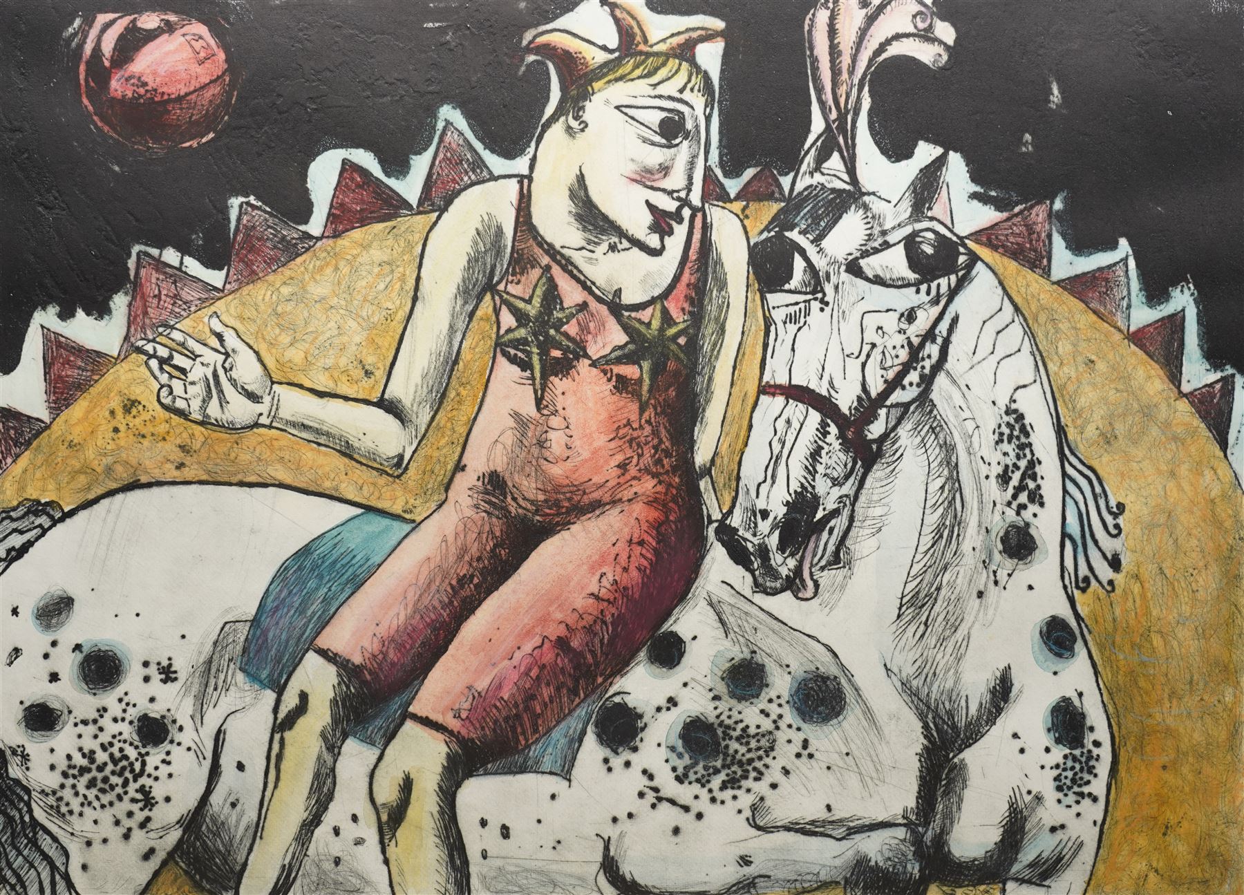 Adrienne Craddock (British Contemporary): 'Drollery', etching in colours signed titled dated '92 and numbered 1/10 in pencil 58cm x 78cm