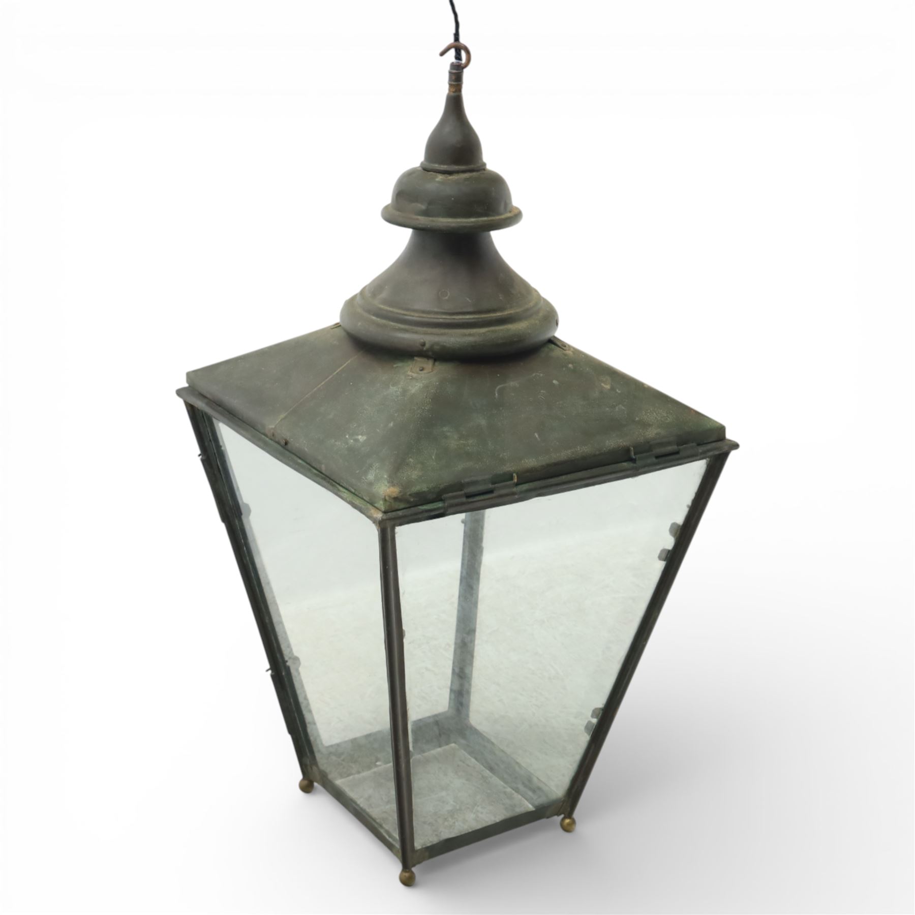 Victorian verdigris copper street lantern, now converted, of typical tapering form with four glazed panes, H84.5cm W43cm