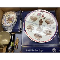 Wedgwood green jasperware trinket box, together with boxed Aynsley 'the Ashes England's  Glorious Victory 2005' plate, commemorative wares, ginger jars and other ceramics, in two boxes 
