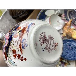 Set of four contemporary Mosa Holland tiles, three further tiles, Grayshott pottery clock, motto ware teacup and saucer, jug and mug, Royal Albert Old Country Roses, Chinese mud men figures, Spode etc and Quantity of ceramics and glassware to include art glass vase, Royal Grafton, Royal Doulton and Colclough dinner wares, Poole, copper lustre, vases etc in six boxes