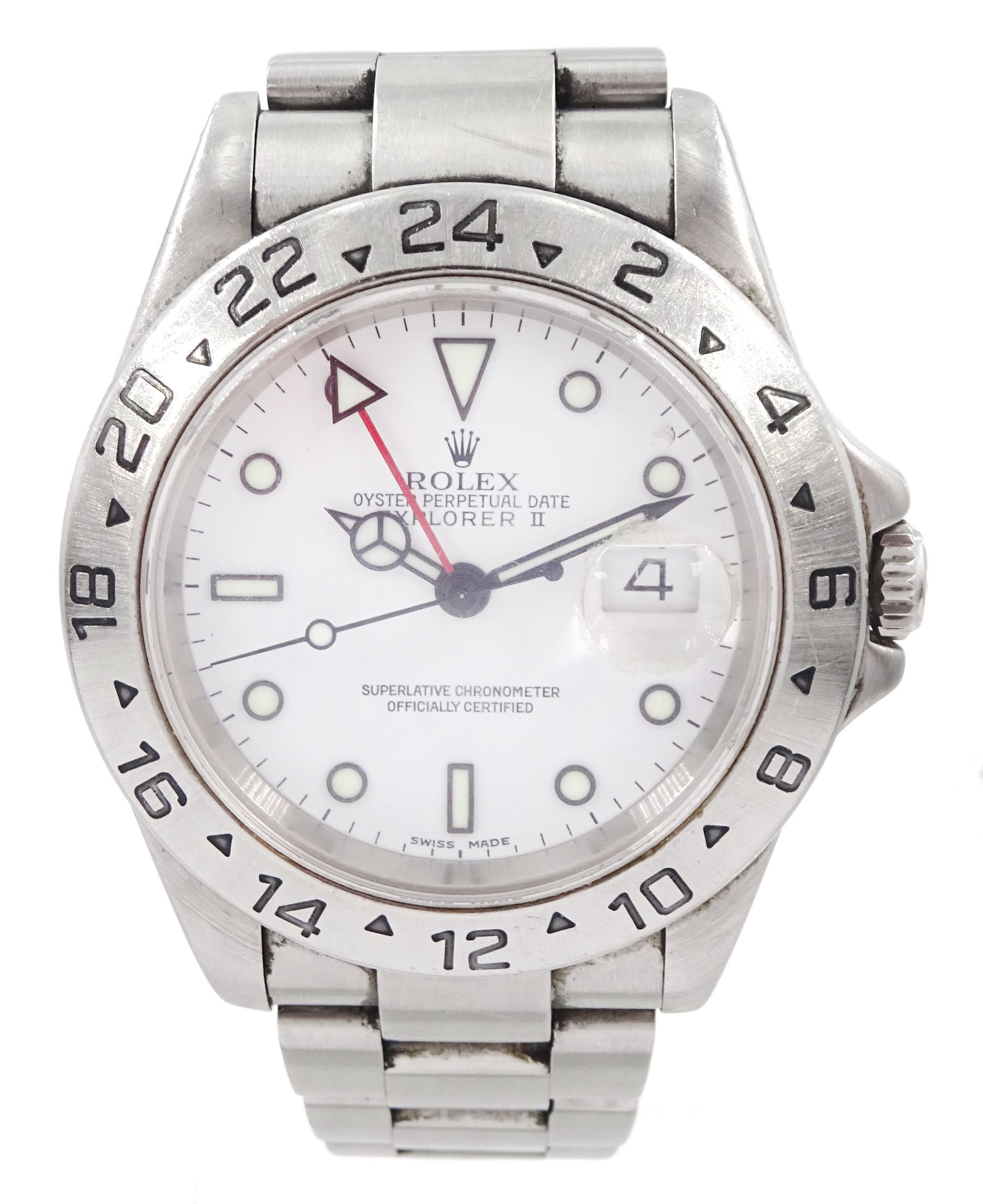 Rolex Oyster Perpetual Date Explorer II gentleman's stainless steel wristwatch, circa 2001, Ref. 16570, serial No. K623156, 'Polar' white dial and fixed 24 hour bezel, boxed with service dated 16 April 2015