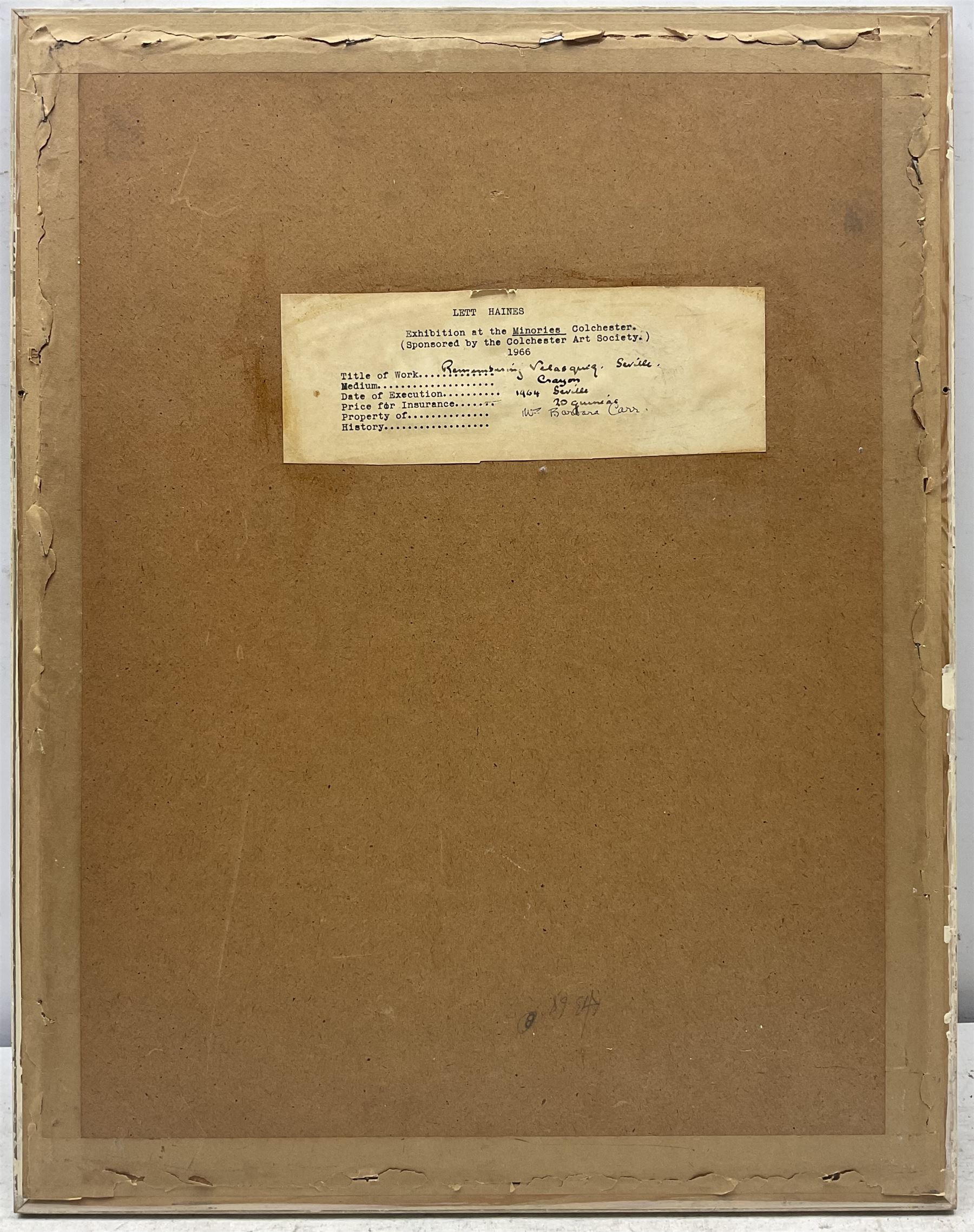 Arthur Lett-Haines (British 1894-1978): 'Remembering Velazquez - Seville', pastel crayon unsigned, titled on exhibition label verso 35cm x 25cm
Provenance: exh. Colchester Art Society, The Minories, 1966