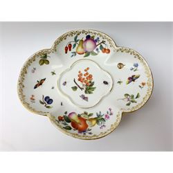 19th century Meissen tureen with cover and stand, quatrefoil form painted with fruit and insects, gilt fruit knop and foliate border, L25cm 