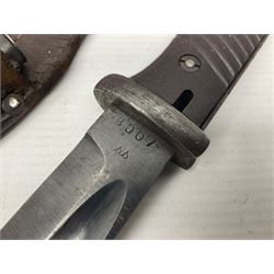 WWII German K98 Mauser bayonet by E. & F. Horster, the 24.5cm fullered blade marked 43aSW for 1943, numerous inspection marks to blade and pommel, bakelite grips and bluing to metal parts; in steel scabbard with corresponding numbers and leather frog L42cm overall