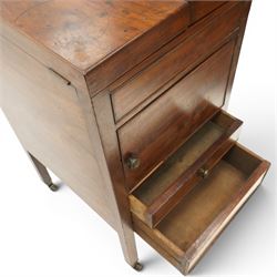 George III mahogany gentleman's washstand, rectangular double-hinged top enclosing fitted interior, over pot cupboard and two cock-beaded drawers, on square supports with castors
