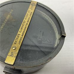19th century Watkins combined clinometer and compass, patent 217, by J. Hicks Maker 8 Hatton Garden London No.5829, of drum shaped form in lacquered brass case D7cm; both instrument and case bear the name of former owner Thomas S.N. Hardinge; with early 20th century postcard caricature of a serviceman (2)