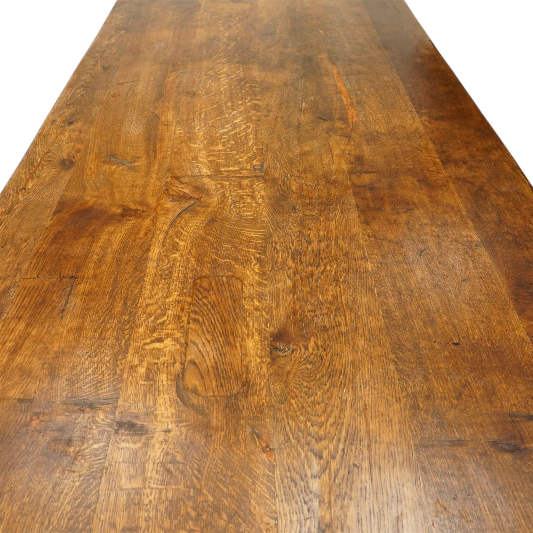 Large 17th century design oak 10ft refectory dining table, the rectangular top raised on twin double-vasiform pedestal end supports on sledge feet, united by chamfered stretcher