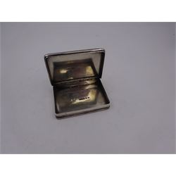 Late Victorian silver snuff box, of rectangular form, engraved with flowers and scrolls, within geometric borders, hallmarked Eustace George Parker, Birmingham 1899, stamped beneath Pearce & Sons Silversmiths, Leeds, W7.6cm