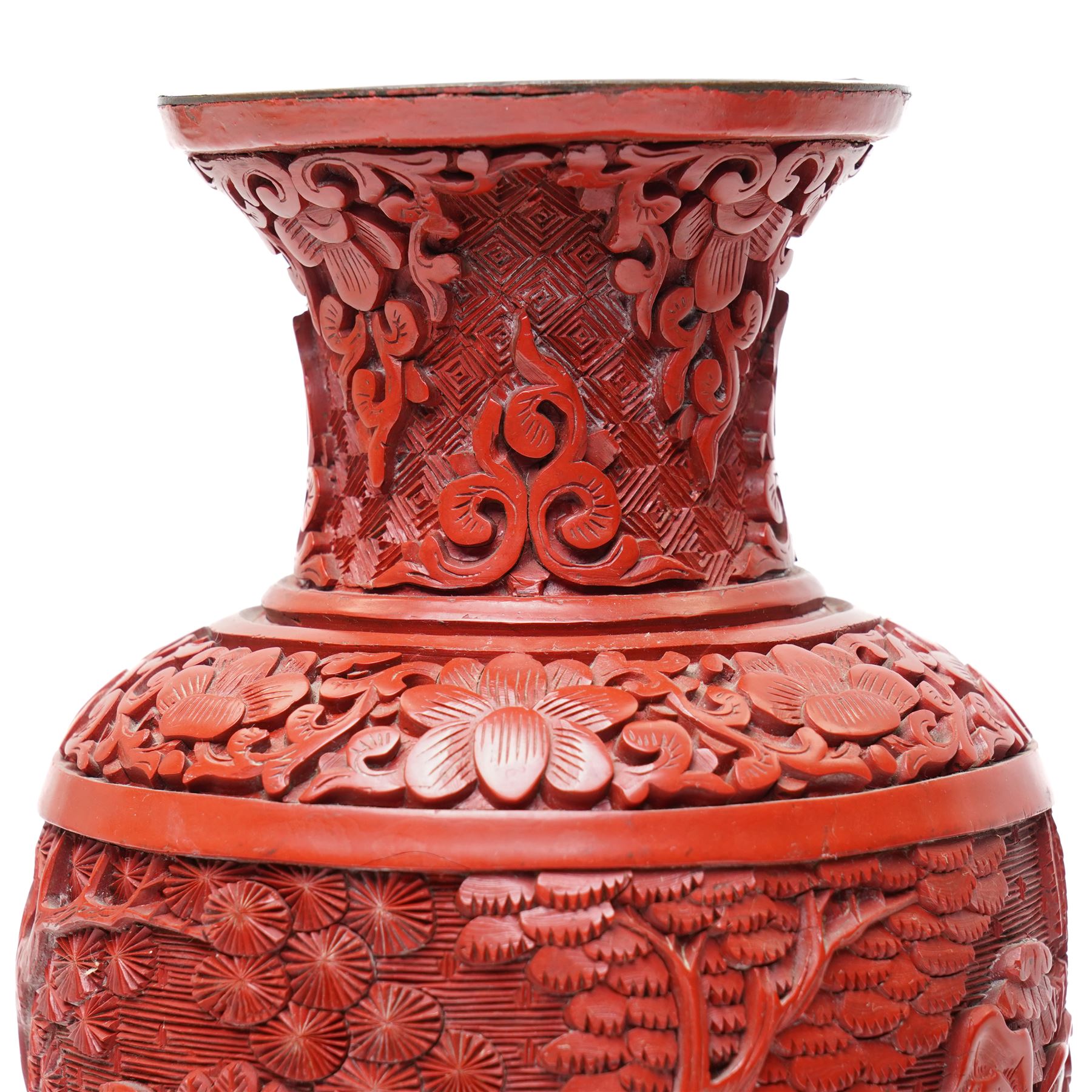 Pair of Chinese late Qing dynasty cinnabar lacquer vases, carved with scenes of figures in a landscape, H25cm (2)