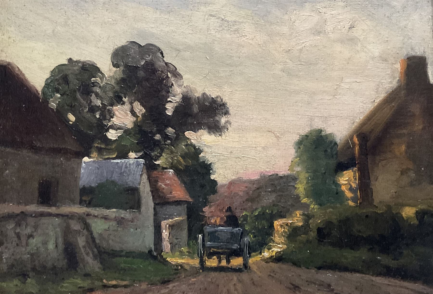 English School (19th Century): Horse and Cart Leaving the Village, oil on board unsigned 24cm x 35cm 