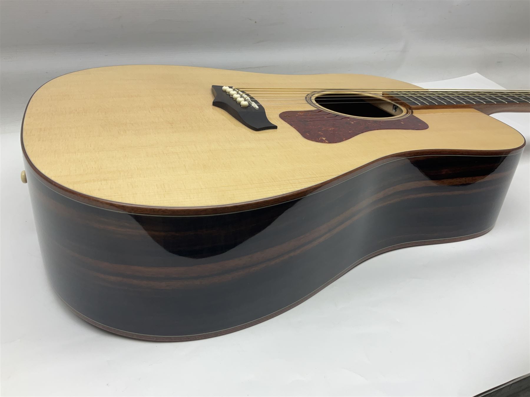 Tanglewood Dreadnought spruce and java wood acoustic guitar the three-piece back with mango spalted wood insert; in Faith hard carrying case; serial no.201147017 L103cm