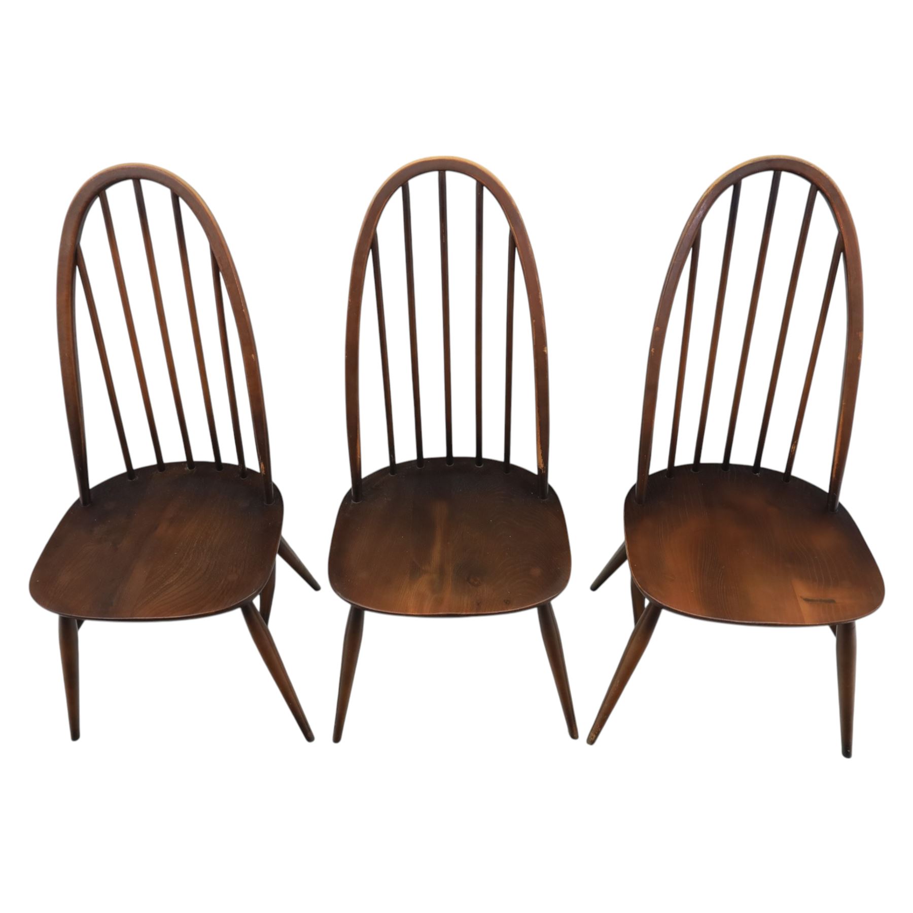 Ercol - set of six 'Quaker' dark elm chairs, high back hooped chairs, on tapering supports