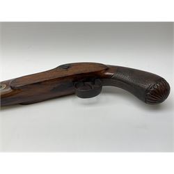 19th century flintlock converted to percussion cap target pistol, the 20.5cm barrel engraved with a sunburst motif to the top and ramrod under, foliate engraved lock-plate and trigger guard, silver plated fittings, walnut stock with chequered grip and melon fluted butt L35.5cm overall