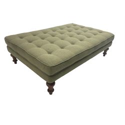 Peter Silk of Helmsley - large rectangular footstool upholstered in buttoned green tweed fabric, on turned mahogany feet