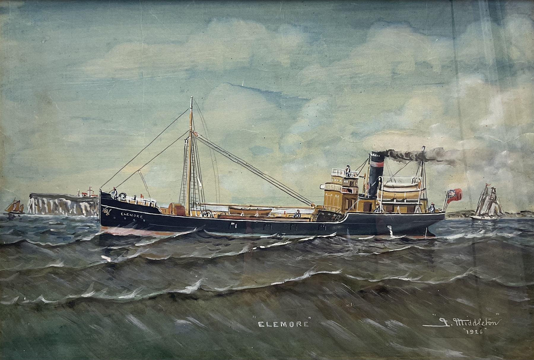 G Middleton (British early 20th century): 'Elemore' - Ship's Portrait, watercolour signed titled and dated 1926, 37cm x 55cm
