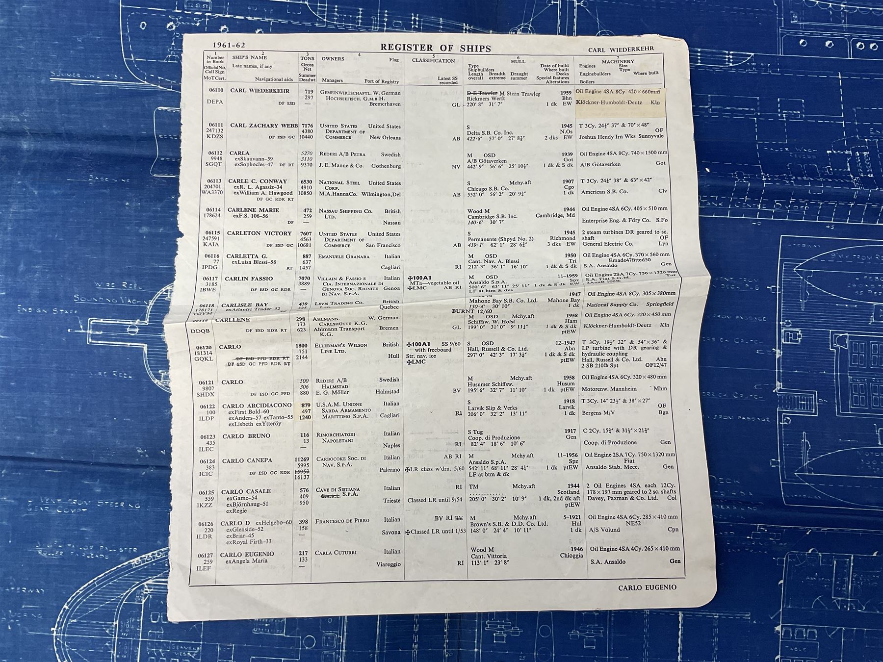 Blue print for the Ellerman's Wilson Line Ltd steam ship 'Carlo', entitled General Arrangement As Fitted' scale 1/8