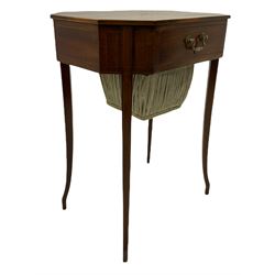 Regency period mahogany work table, the canted rectangular top with tulipwood band and central floral oval inlay, single drawer over upholstered sliding well, on square tapering supports with out splayed feet, the drawer baring a label scribed 