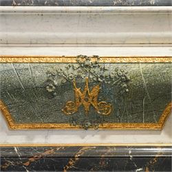 A 20th century Italian Neoclassical console table of architectural pedestal form, inspired by Roman architectural prototypes, with marble top and simulated marble scagliola-type finish; the rectangular marble top with grey veining within a black and yellow marble border, above a pedestal base finished in a finely executed faux-marble surface and enriched with parcel-gilt scrolling acanthus terminals, floral garlands, a central ribbon-tied motif in relief, and further raised flowerheads and a central gilt monogram, terminating in a stepped plinth base